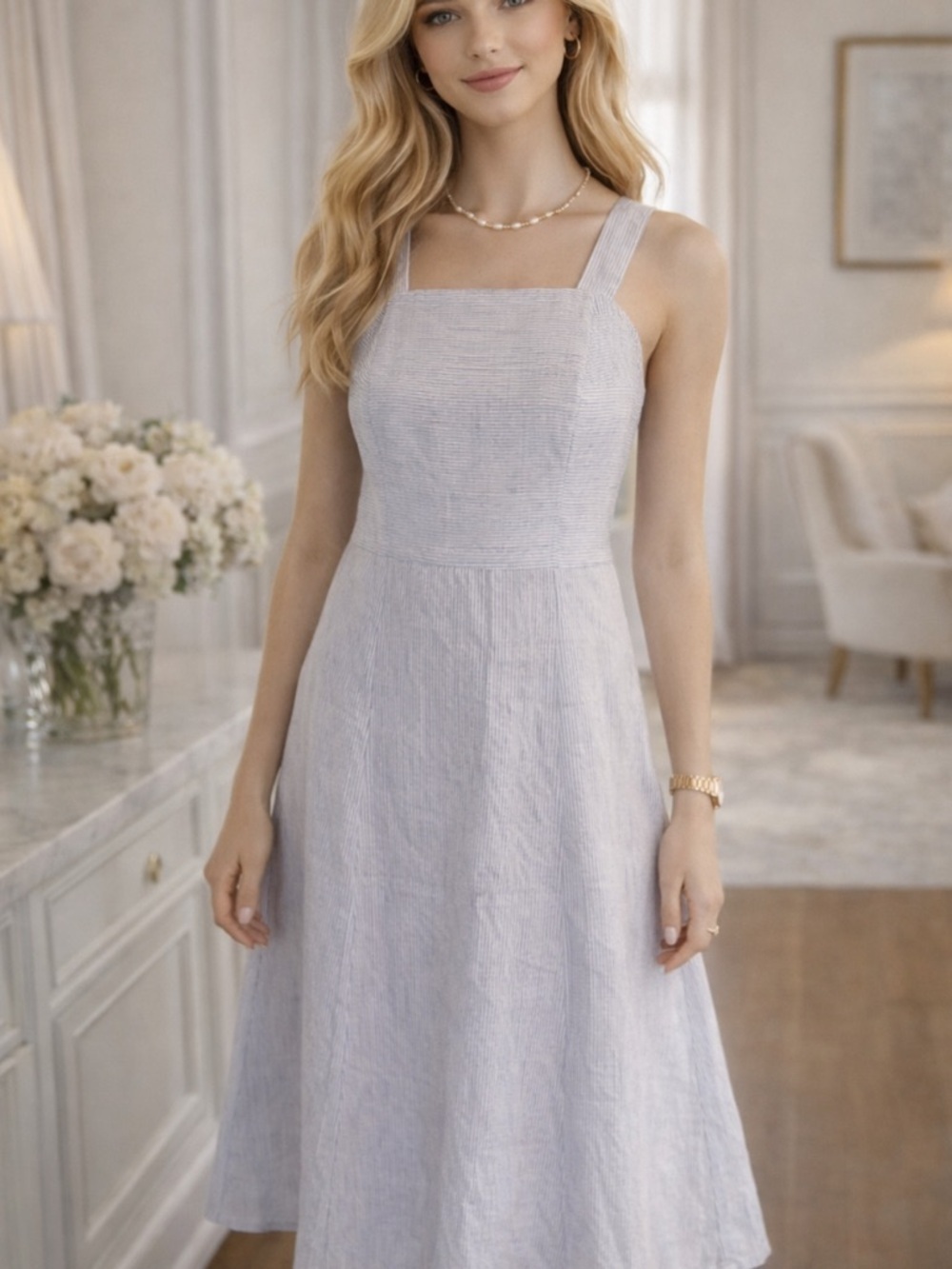Ioanna Kourbela linen blend tie back dress Blue & White Striped 33442